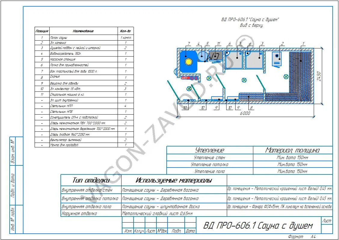 Вагон дом на Санном основании сауна с душем 6 метров Мод. ПРО 606.1